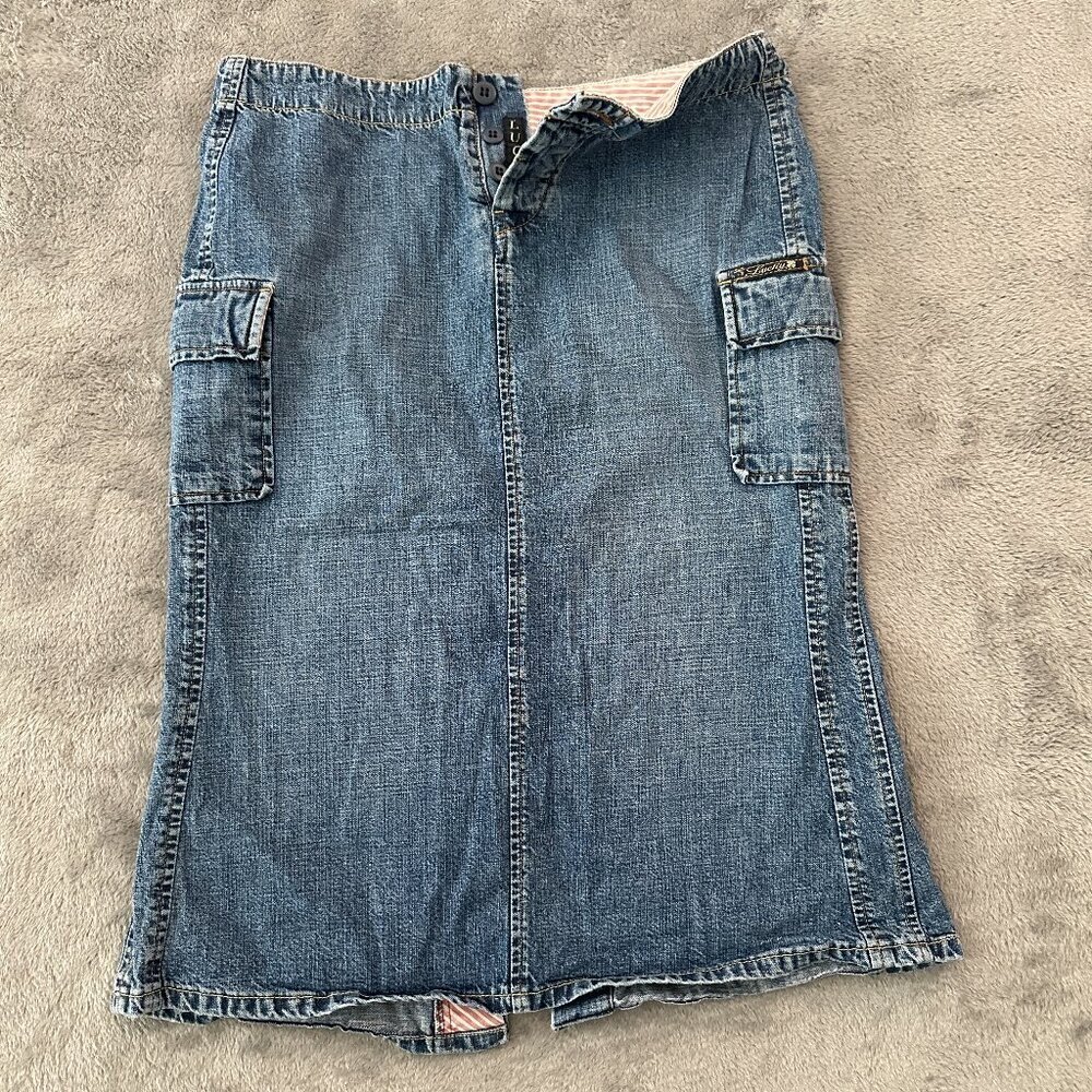 Vintage Lucky Brand Denim Midi Skirt Cargo 28/6 90s Y2K